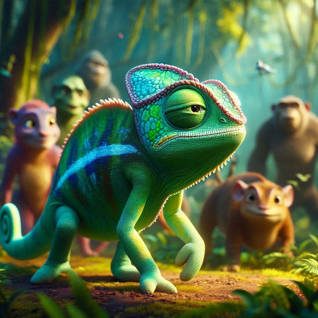 Luma, a chameleon, confidently walking through a vibrant forest