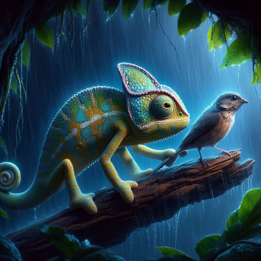 It is not the strongest: Luma, a chameleon, guiding a struggling bird