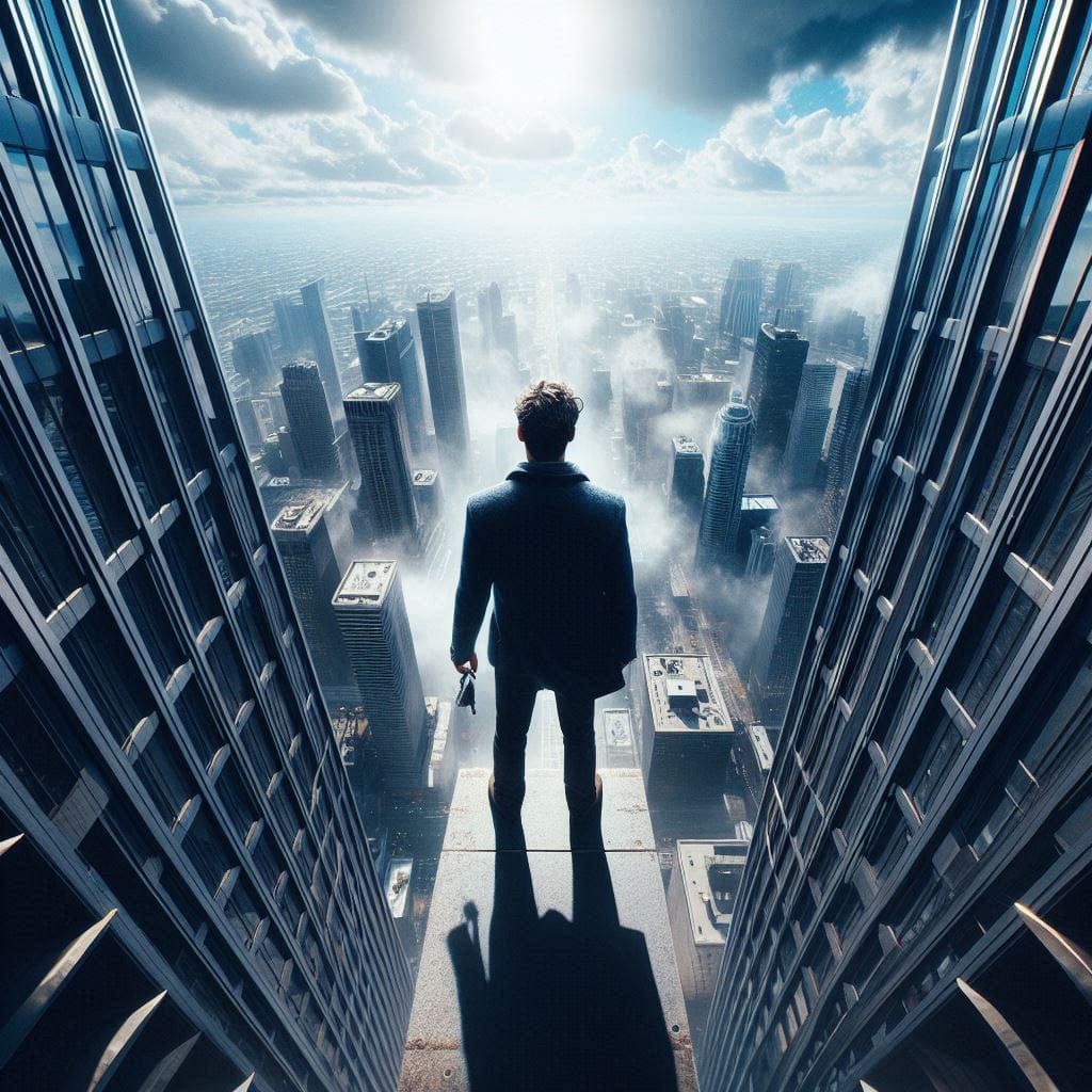 Nothing is impossible: Max, standing at the very edge of the top floor of the skyscraper