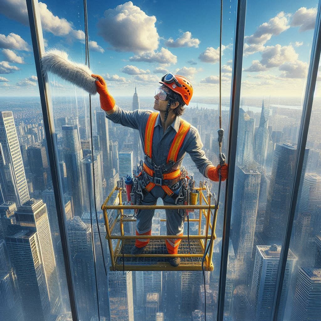 Nothing is impossible: Max suspended high above the city, standing on a platform attached to a crane