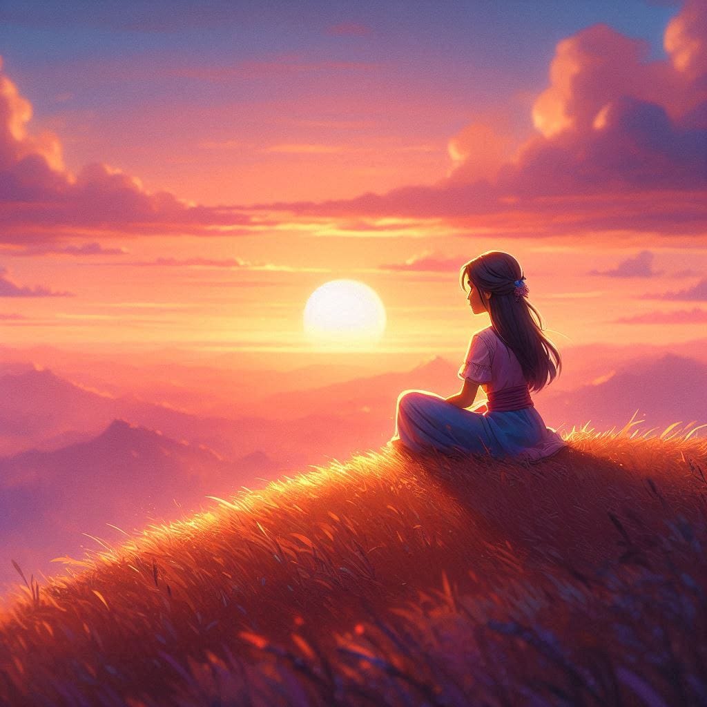 Maya sitting alone on a hilltop at sunset, gazing at the horizon