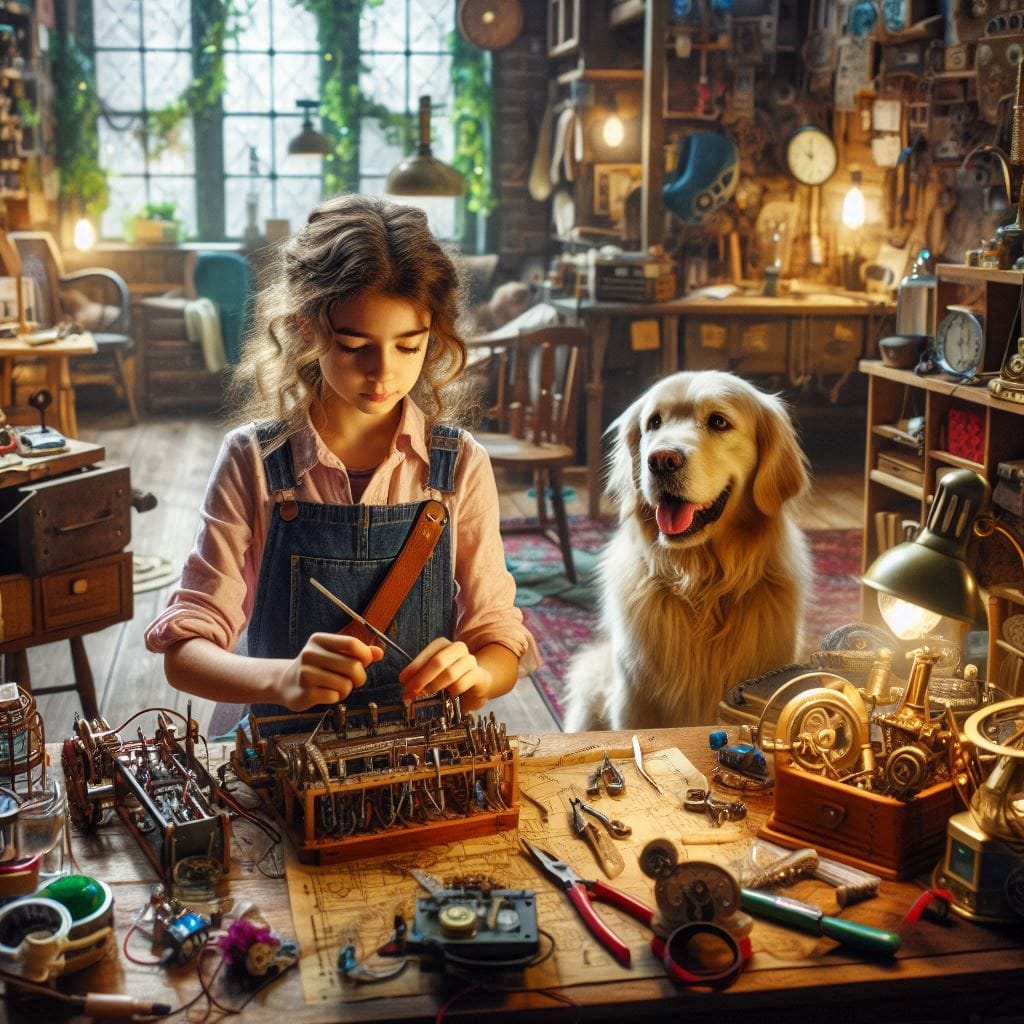 A person who never made a mistake: Rhea, the young inventor, working in her workshop with her dog Max