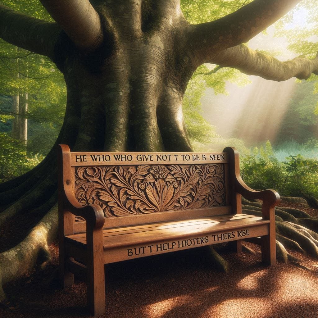 a carved wooden bench beneath a large, tranquil tree, with the inscription