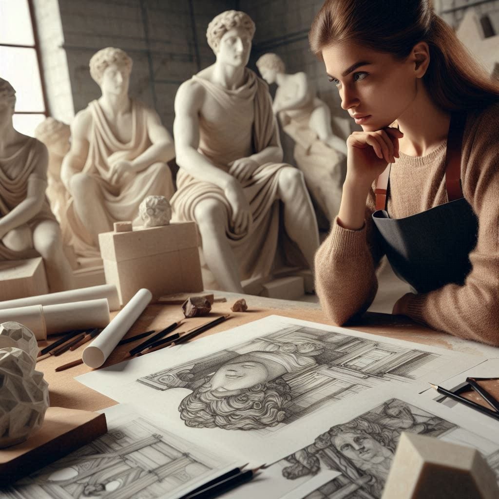 The way to get started is to quit talking: A woman sitting at a desk cluttered with detailed sketches of sculptures