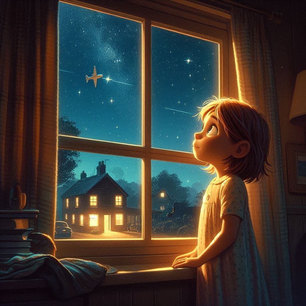 Keep your eyes on the stars: A young girl named Ellyse standing at the window of a small house