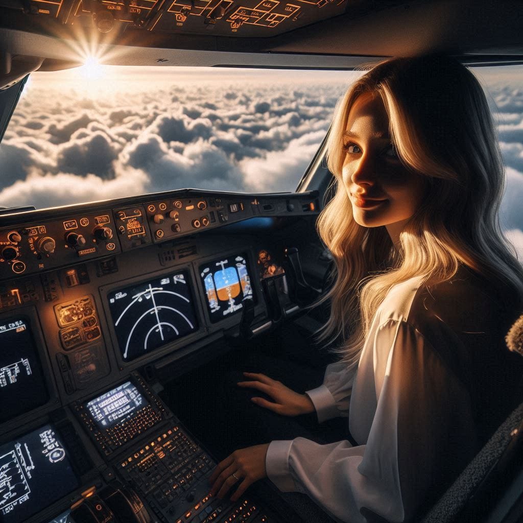 Ellyse at the helm of a large commercial airplane