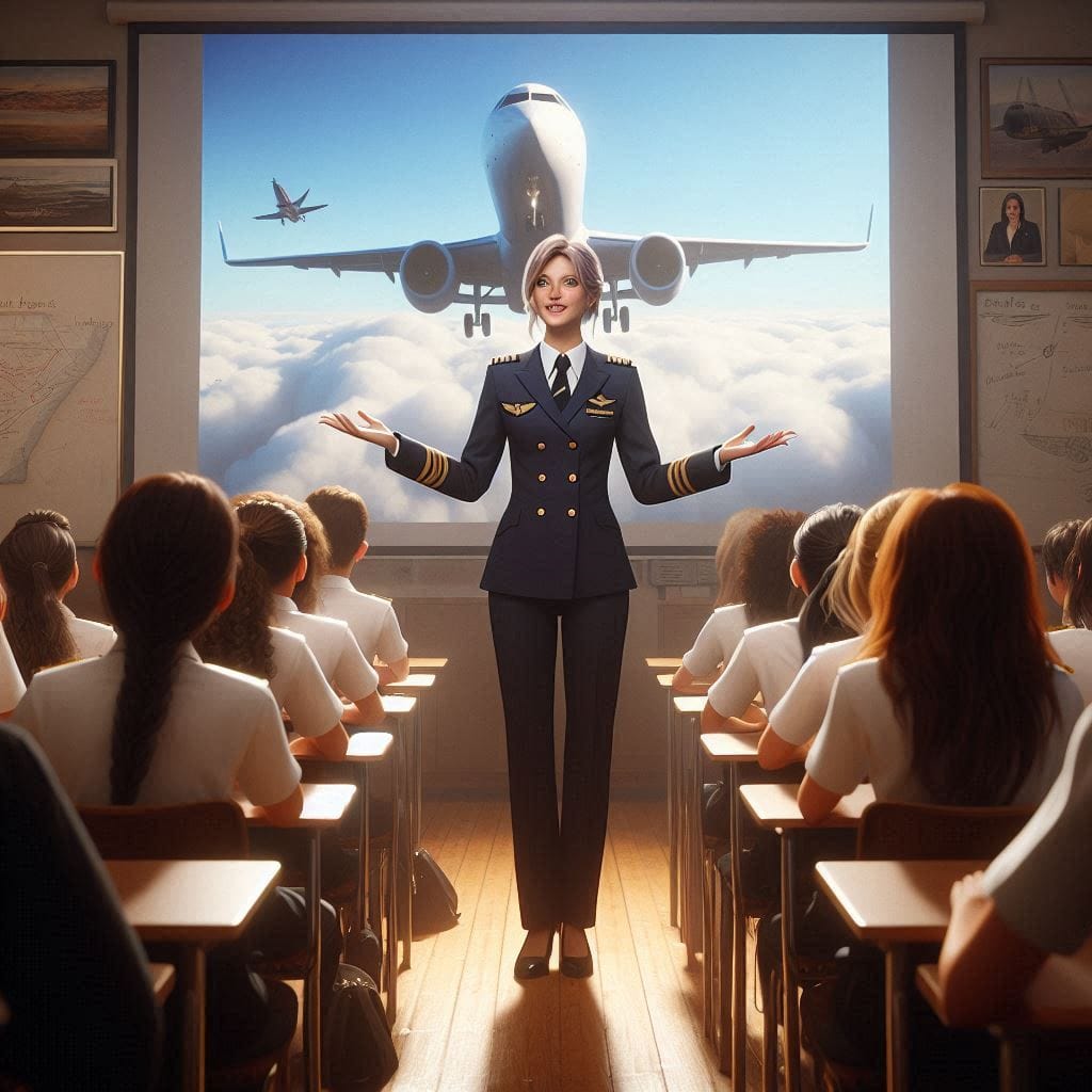 Ellyse, dressed in a pilots uniform, stands at the front of a classroom full of eager young pilots