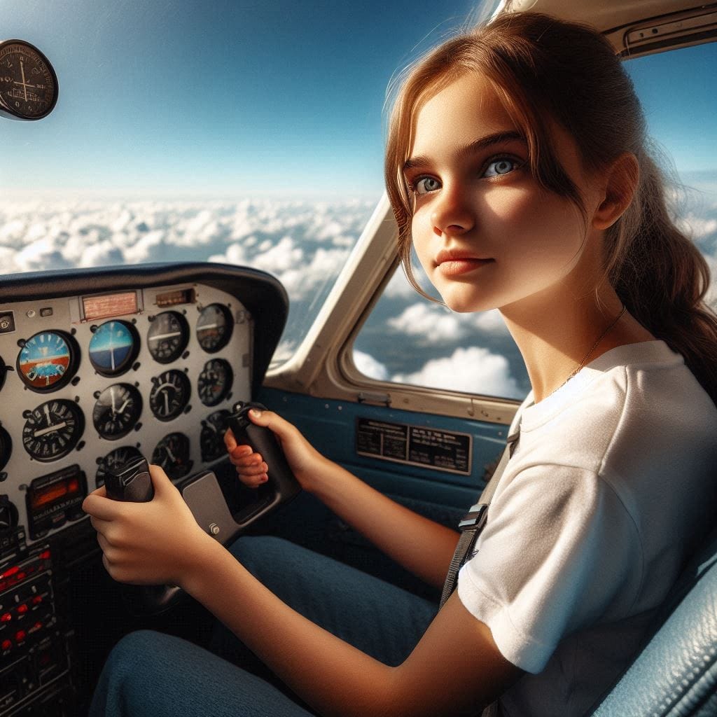 Keep your eyes on the stars: Ellyse, now older, is seated in the cockpit of a small training plane