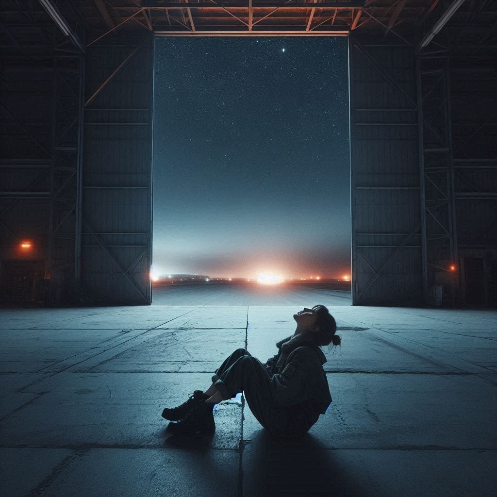 Keep your eyes on the stars: Ellyse sitting on the cold, concrete floor of an empty hangar at night,