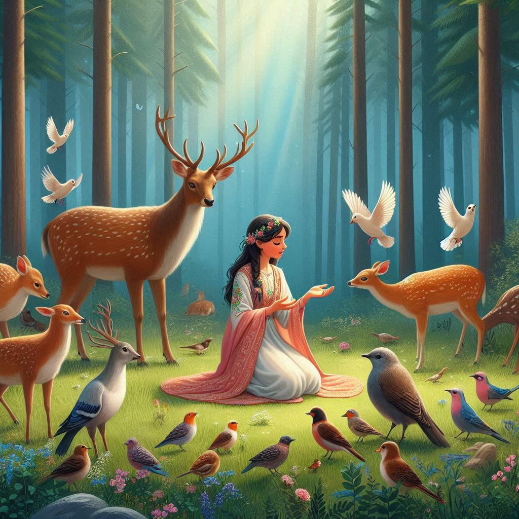 In a beautiful, quiet forest glade, Meena is surrounded by various animals & birds
