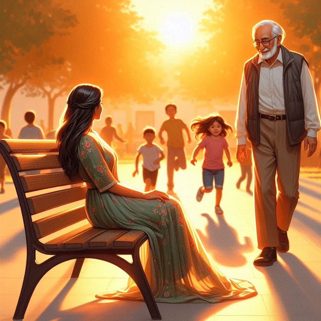 Sonali is seated on a newly restored bench, waching childs playing