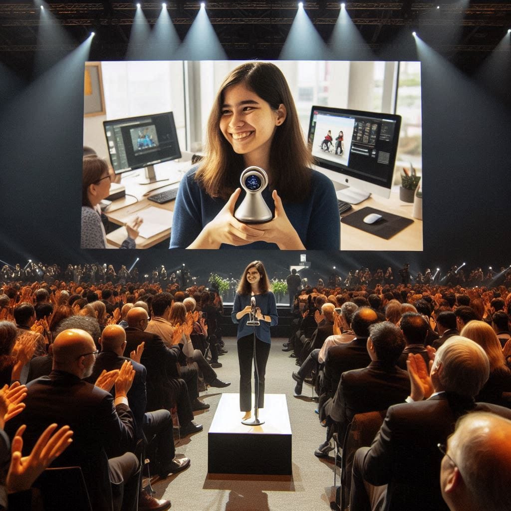 Suhana stands on stage at a technology conference