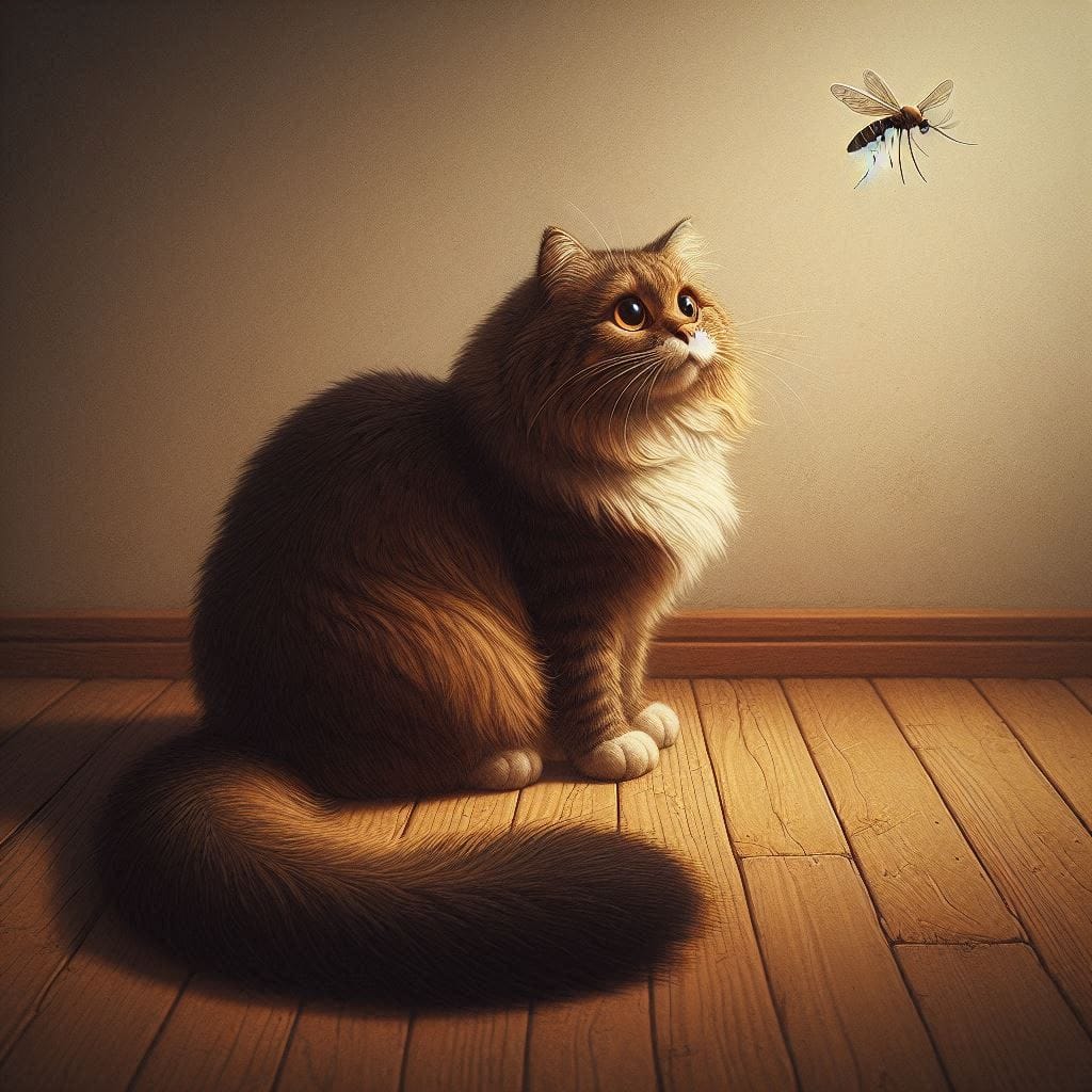If you think you are too small to make a difference: The cat sitting on the floor, its tail drooping and eyes weary, looking up at a tiny mosquito flying away