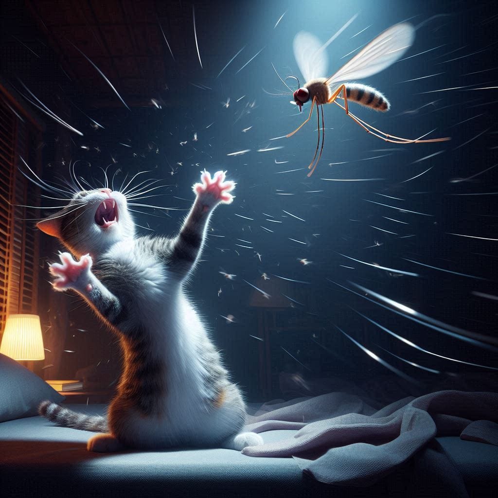 the cat dramatically swatting at the air in a dark bedroom, with the mosquito buzzing around.