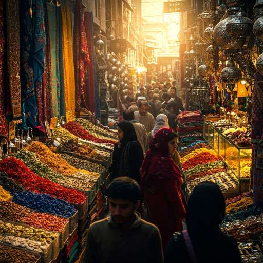 Desire never ends by fulfilling it: A crowded bazaar filled with colorful fabrics fluttering in the breeze, spices piled