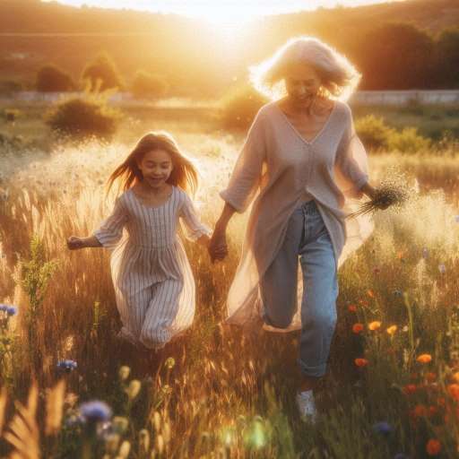 A sunlit field where Tiffany runs hand-in-hand with her grandmother