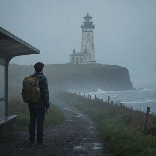 Try not to become a man of success: A young man with a backpack stands at a foggy rural bus stop