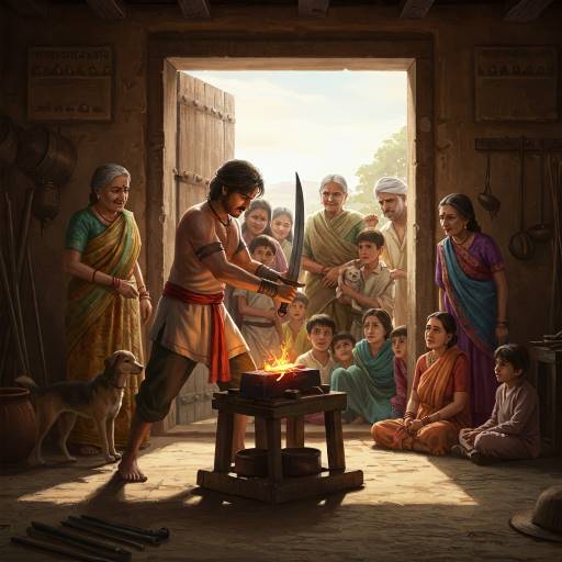 Aarav, now drenched in sweat, strikes rhythmically as villagers gather around the doorway