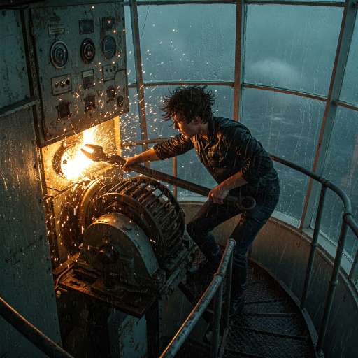 Eliot climbs steep metal stairs in the lighthouse as wind howls