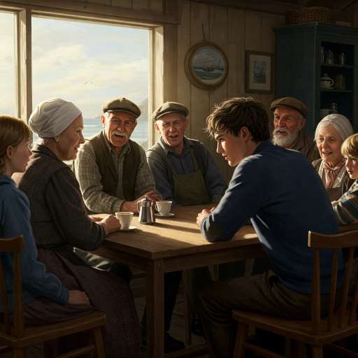 Eliot sits at a rustic wooden table in a small coastal café