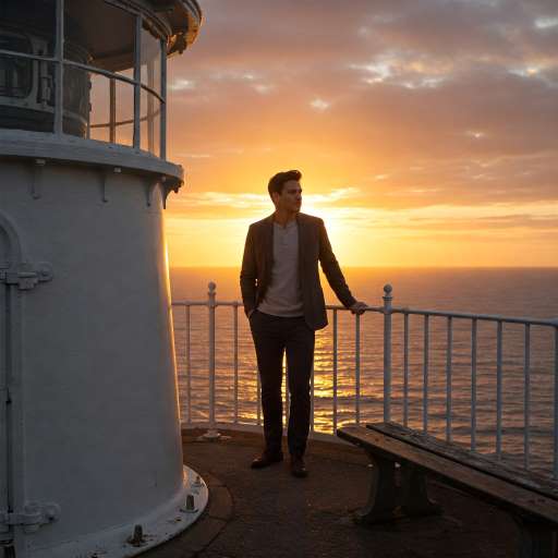 Eliot stands on the lighthouse balcony at golden hour