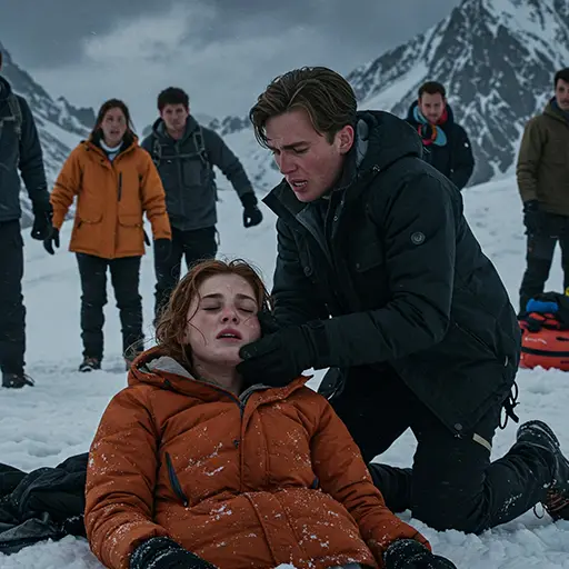 Emma collapsed in the snow, Leo is kneeling beside her