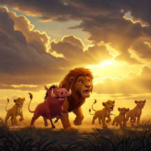 Simba and the pride meet Pumbaa with the rescued cubs