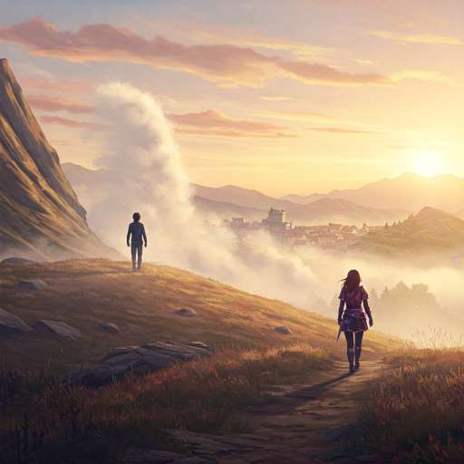Kaien walks into the fog and Akira walks down a sunlit slope