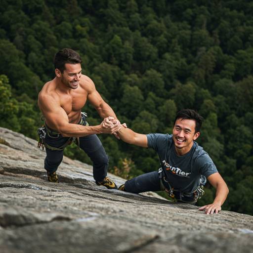 One team member reaching out to pull another up a steep ledge