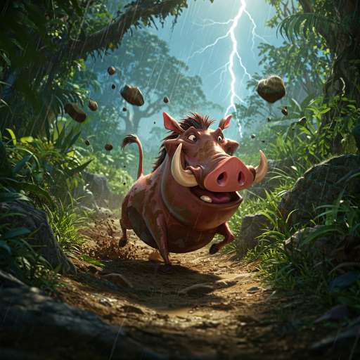 Pumbaa charging through a narrow, muddy trail