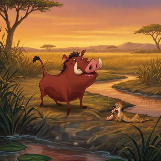 When something is important enough: Pumbaa paces beside a trickling stream, Timon lounges nearby