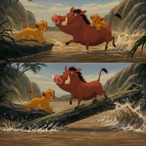 Pumbaa reaches the cubs who are trapped on a narrow ledge