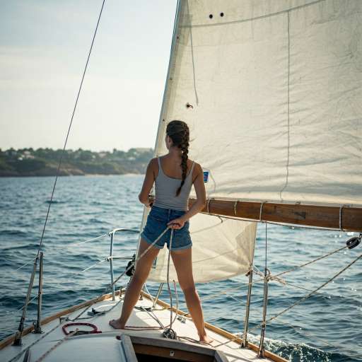 Talia calmly pulls the ropes and shifts the sail angle