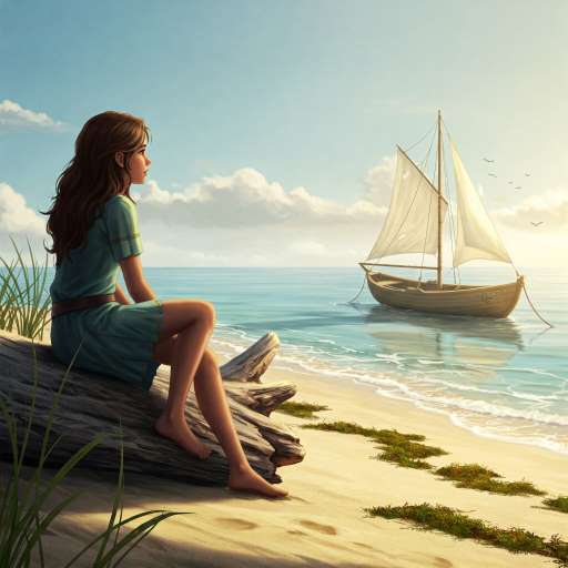 Talia sits on a piece of driftwood on the beach