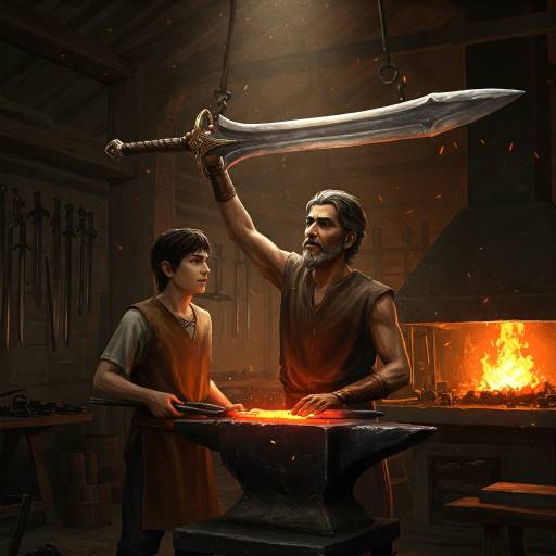 The completed sword hangs above the forge