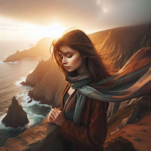 The best and most beautiful things: Tiffany stands at the edge of a rugged coastal cliff during sunset