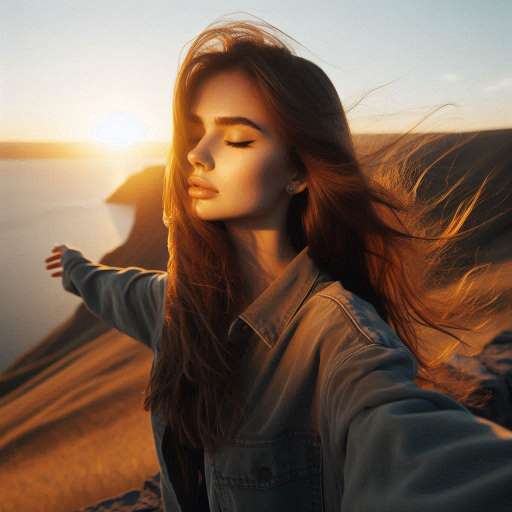 Tiffany stands with her eyes closed at the same cliff, arms slightly open