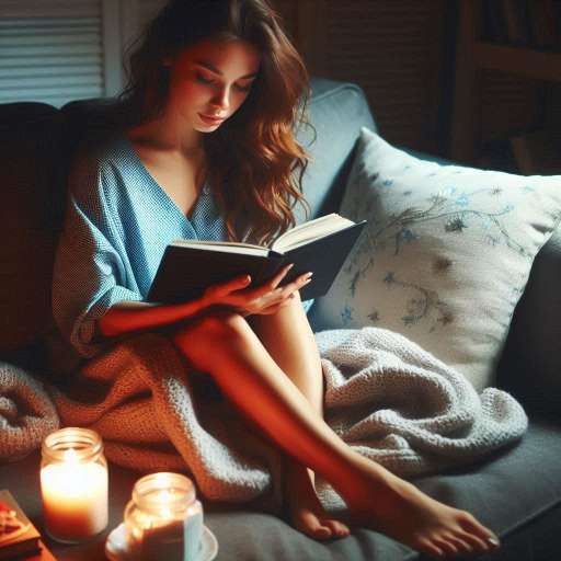 a young woman Tiffany sits curled up on a couch at night
