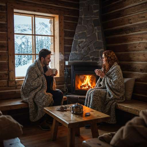 couple sitting on a bench near a fire and sipping tea