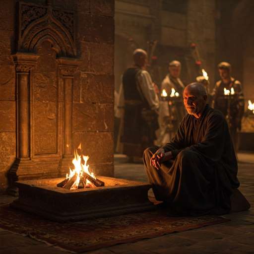 flickering fire glowing in a quiet corner of the estate