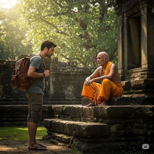 A man with a backpack and tired eyes approaches Arun
