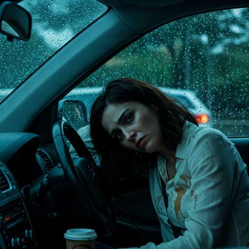 Money can not buy happiness: A spilled coffee cup lies near the car console on her white blouse