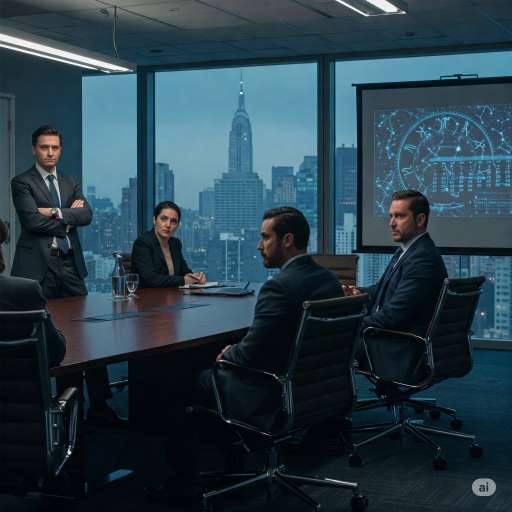 A young VP stands. Noah, at the head of the table, leans forward & calm