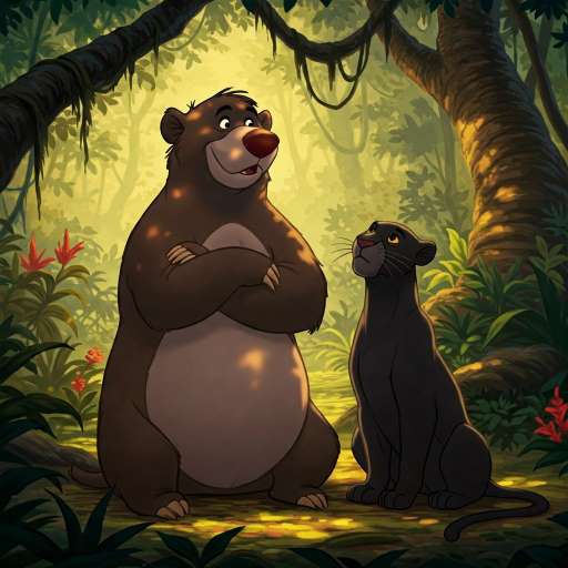 Baloo and Bagheera appear in a sunlit jungl