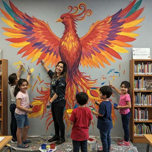 Elara and children painting a vibrant mural of a phoenix rising