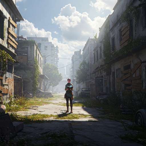 The most powerful weapon on earth: Elara standing in the middle of a crumbling street