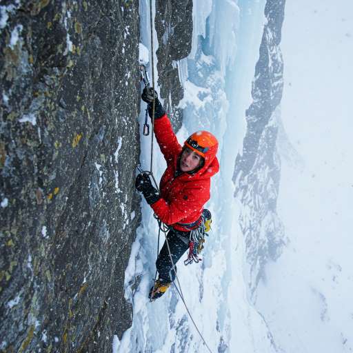 Jade clinging to a steep icy rock face