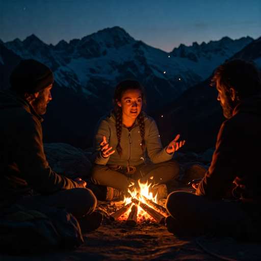 Jade sitting cross-legged by a campfire