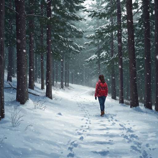 F-E-A-R has two meanings: Jade walking up a snowy trail through tall pine trees
