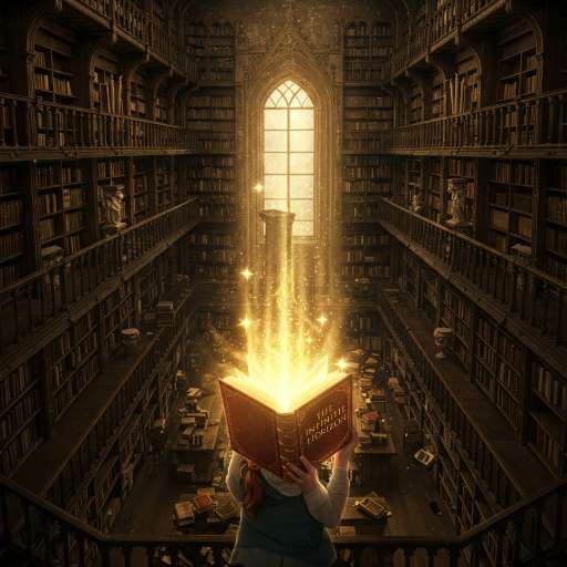 Lila is holding a glowing, leather-bound book in the library